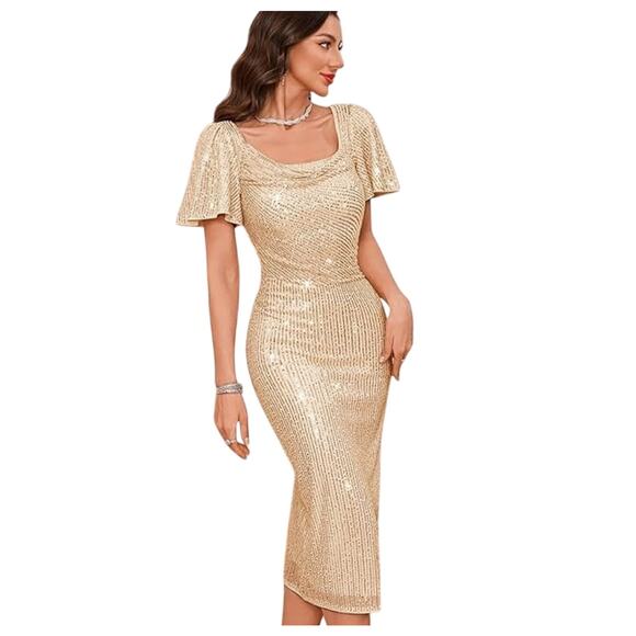 Gold Glam Sequin‎ Champagne Cowl Neck Ruffle Sleeve Fairy Bodycon Midi Dress Med - Picture 5 of 6